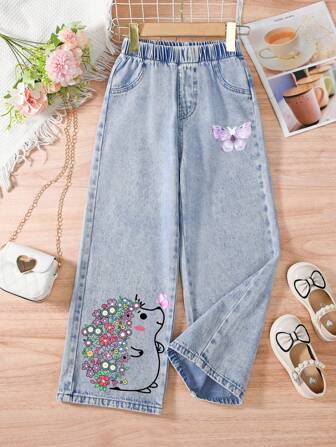 Tween Girl Raka Ben Enkel Butterfly & Hedgehog Washed Blue Denim Jeans