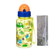 1pc 500ml Cute Cartoon Print Water Bottle With Straw For School Leak Proof & Easy Clean & Carry Handle, For Outdoor, Camping