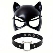 CyberPK 圣诞装饰 1 套黑色性感猫面具时尚可调节朋克哥特式项链角色扮演道具圣诞狂欢派对动物角色扮演面具化妆舞会半脸面具配件 - 黑色 - 查看 3