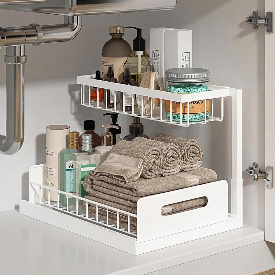 Organizers And Storage 2 Tier Slide Out Kitchen Cabinet Organizer Sturdy Metal Bathroom Storage - White - View 1