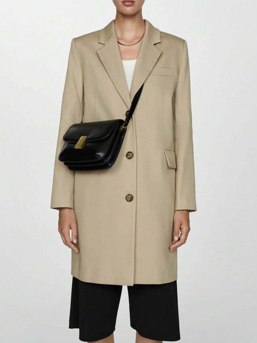 Spring & Autumn Plain Lapel Pocket Button Long Sleeve Mid-Length Trench Coat - Khaki - View 1