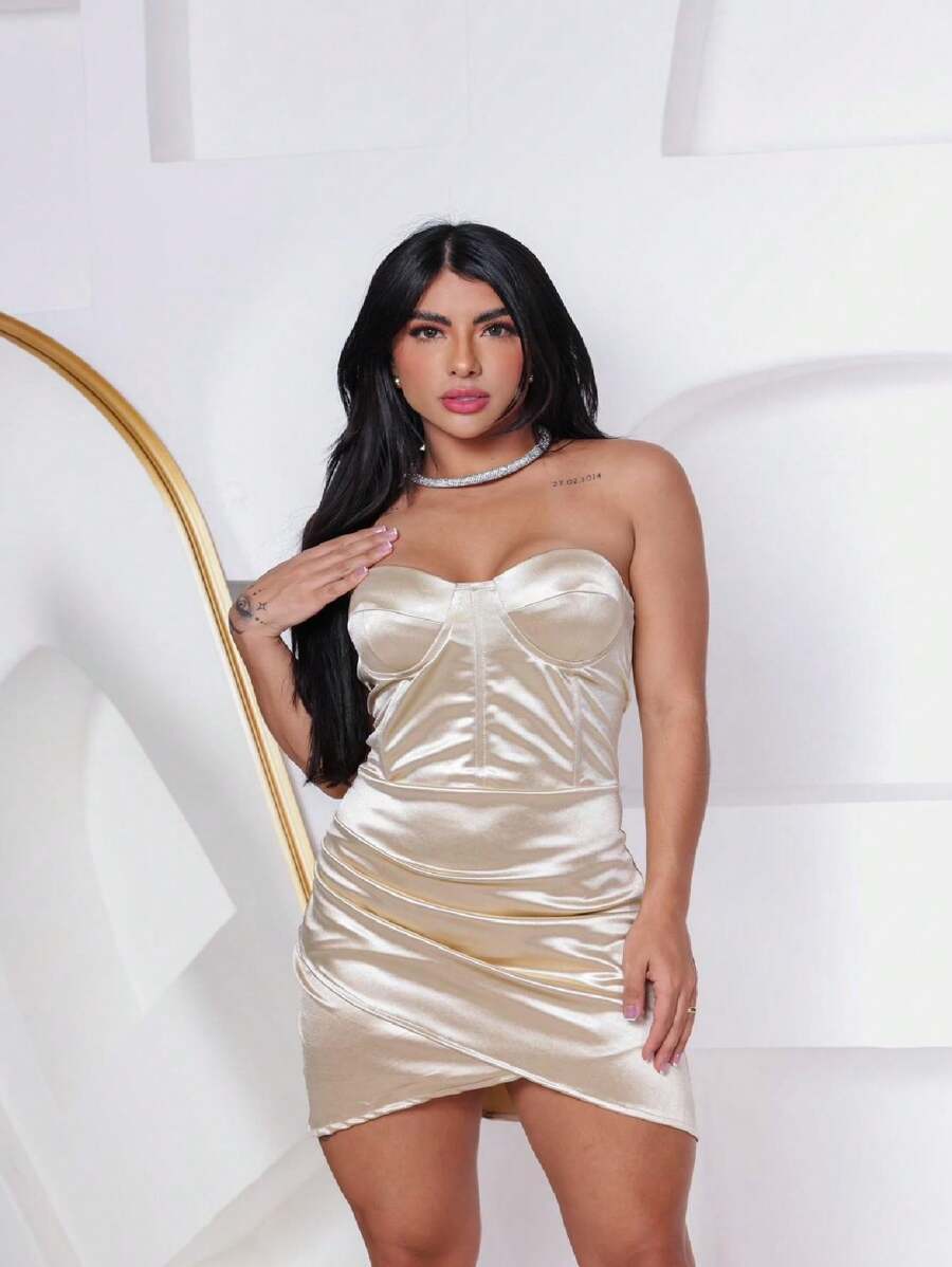 SHORT STRAP-OFF DRESS - Đồng - Xem 1