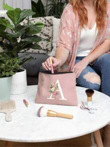 1pc Letter Initial Printed Cosmetic Bag, Pink Small Size, White A-Z Letter, Makeup Bag, Portable Toiletry Bag, Teacher's Day Gift, Reusable Makeup Bag, Women Minimalist Large Capacity Travel Makeup Bag - Pink - View 4