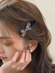 1 Women's Super Shiny Black Plush Hairpin Full Of Rhinestone, Light Luxury Bow Bangs Clip, Women's Autumn And Winter New High-End Side Clip Royal Valentine's Day Valentines,Hair Accessories,Hair Clips,Hair Slide,Hair Barrettes - Multicolor - View 4