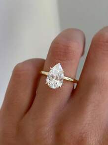 ESBERRY 1pc Elegant 925 Sterling Silver 4-Prong Unique Design Diamond Ring, Solitaire Engagement Ring, Women Jewelry Gift, Engagement Gift, Party Gift - Gold - View 3