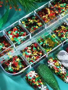 12 格圣诞快乐美甲装饰全息闪光圣诞树亮片 3D 亮片指甲配件冬季雪花美甲 - 彩色 - 查看 3