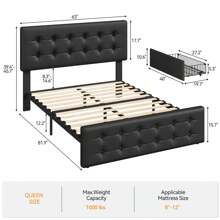 King/Queen/Full Size Bed Frame With 4 Storage Drawers And Headboard, Faux Leather Upholstered Platform Bed Frame With Wooden Slats Support, Button Tufted Design, No Box Spring Needed - Black - View 9