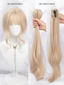 Tóc giả cosplay Anime tự làm có mái dài 24 inch tổng hợp thẳng ngắn màu vàng hoe kẹp tóc đuôi ngựa có thể tháo rời, tóc giả Lolita thẳng ngắn tự nhiên dành cho phụ nữ thích hợp cho tiệc Halloween Giáng sinh - Vàng - Xem 8