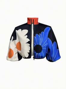 Áo khoác phối màu cỡ lớn, áo khoác ngắn tay dài cổ đứng có khóa kéo thời trang, trang phục thường ngày mùa xuân dành cho nữ cỡ lớn. - Nhiều màu - Xem 5