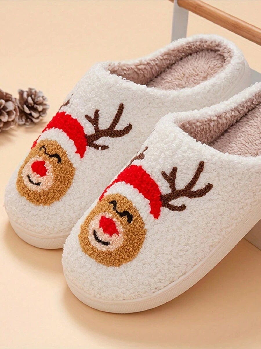 Christmas Style Pattern Fuzzy Slippers For Women And Men, Winter Warm Closed Toe Flat Floor Shoes, Cozy Soft Sole Romantic Winter Home Slippers For Valentine's Day - 麋鹿 - 查看 1