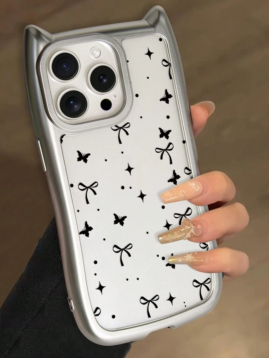 1 pieza Funda de teléfono transparente con orejas de gato linda compatible con Apple - Plateado - Ver 1
