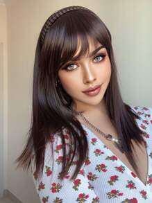 黑色棕色假发和头带集成刘海贴片合成头带 - Dark Brown - 查看 3