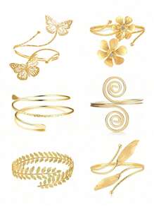 6pcs Exaggerated Leaf, Butterfly, Floral & Geometric Metal Bangle Bracelet Set - Yellow Gold - View 3