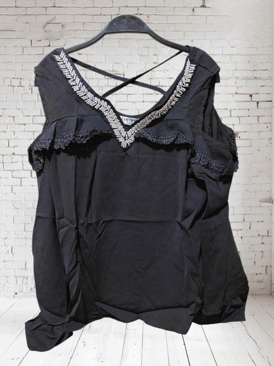 Tricot Line Shirt Blouse Long Sleeve Thin With Liquid Stone Promotion - màu đen - Xem 1
