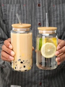 1pc Water Cup With Cover Straw Cup Glass Heat-Resistant Glass Milk Tea Coffee Cola Cup - Clear - View 2