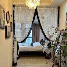 1pc Vintage Rococo Style Black Ruffled Lace Edged Curtain Panel For Bedroom, Living Room, Kitchen, High-End Sheer Drapery, Suitable For Home Decor, All Seasons - Multicolor - View 1