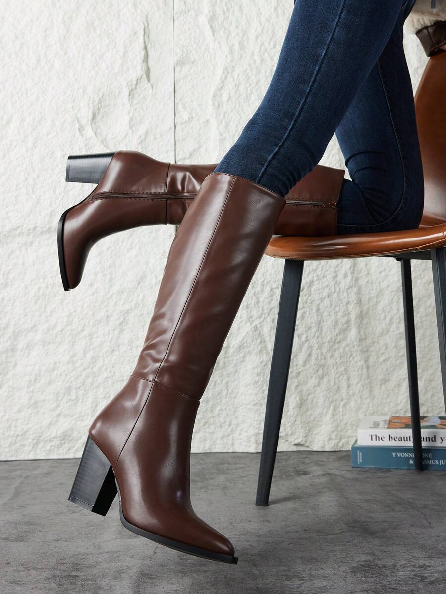 Women's Knee High Boots,Tall Boots, British Style Knight Boots, Chunky Heel Boots With Single Boot, Side Zipper ,Spring And Autumn - 巧克力棕 - 查看 1