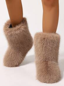 Women's Furry Faux Fur Boots Fuzzy Fluffy Mid Calf Snow Boots Suede Warm Fur Lined Booties Flat Fashion Boots - 棕色 - 查看 4