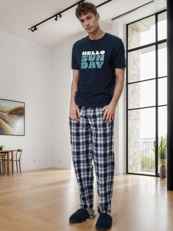 Conjunto de pijama fino masculino de 2 peças, primavera e verão, blusa de manga curta de cor sólida e calças estampadas xadrez, roupa casual para casa