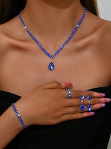 奢华镶钻水滴形项链、手链、耳环和戒指套装、婚礼配饰 - 銀色 - 查看 2