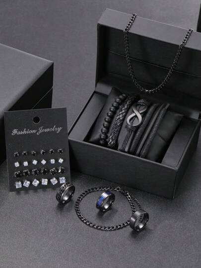 33pcs/Set Fashionable Minimalist Punk Stainless Steel Cubic Zirconia PU Leather Stud Earrings, Rings, Necklace, Bracelet Jewelry Set, Gift For Boyfriend, Birthday, Vacation, Date (Exclude Box)