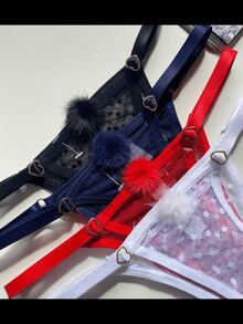 On Skin Fashion Sexy Luxury Polka Dot Pompom Thong Panties - 紅色 - 查看 2