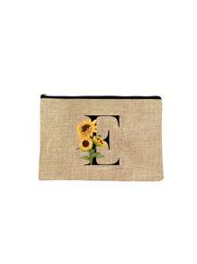 1pc Initials Printed Women's Makeup Bag, Khaki Small Bag, Sunflower Flower Print, Letters A-Z, Cosmetic Bag, Portable Wash Bag, Teacher's Day Gift, Reusable Makeup Bag, Women's Simple And Large Capacity Makeup Bag, Suitable For Weddings, Mother And Grandmother's Birthday Gifts, Ladies, Friends, Bridesmaids, Essentials Make Up Bag Holiday Essentials Makeup Bags Makeup Pouch 2024 Makeup Organizer Make Up Organizer Makeup Storage - Khaki - View 21