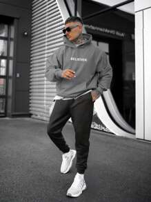 Men's Fashionable Hooded Fleece Sweatsuit Set, Autumn & Winter - Dark Grey - View 1