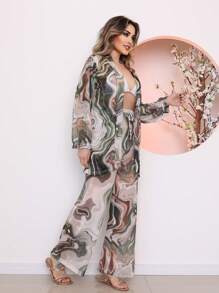Printed Tulle Beach Cover-Up Shirt And Pants Set - màu xanh lá - Xem 2