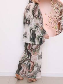 Printed Tulle Beach Cover-Up Shirt And Pants Set - màu xanh lá - Xem 3