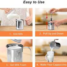 Espumador de leche manual, 400ml espumador de leche de acero inoxidable, filtro de doble capa, bomba manual, espumador, para Cappuccino Foamer Creamer - Plateado - Ver 7