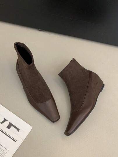 Women Ankle Boots Block Toe Wedge Heels Short Boots, Mid-Heel Ladies Shoes