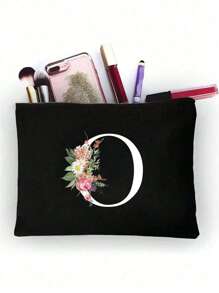 1pc Initials Printed Women's Makeup Bag, Black Small Bag, White Letters A-Z, Cosmetic Bag, Portable Wash Bag, Teacher's Day Gift, Reusable Makeup Bag, Women's Simple And Large Capacity Travel Makeup Bag Suitable For Men And Women, Couples, Daily Use, Birthdays, Holidays, Back To School, Vacation, Beach, Travel, Students, Daily Storage, Personalized Gift Bag, Suitable For Weddings, Mother And Grandmother's Birthday Gifts, Ladies, Friends, Bridesmaids, Travel Essentials Makeup Organizer - Black - View 34