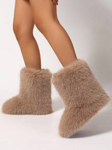 Women's Furry Faux Fur Boots Fuzzy Fluffy Mid Calf Snow Boots Suede Warm Fur Lined Booties Flat Fashion Boots - 棕色 - 查看 5