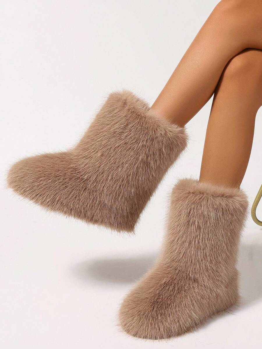 Women's Furry Faux Fur Boots Fuzzy Fluffy Mid Calf Snow Boots Suede Warm Fur Lined Booties Flat Fashion Boots - 棕色 - 查看 1