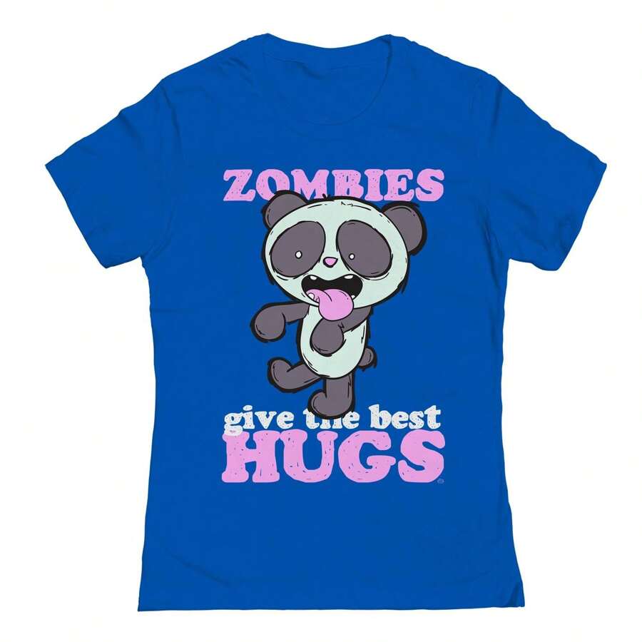 Nearly There Zombie Hugs Panda Halloween Fall Graphic Ladies Cotton T-Shirt - Royal Blue - View 1