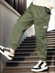 1pc Tween Boys Casual Sports Outdoor Pocket Cargo Pants, Solid Color Fleece Knit Straight Leg Trousers, Thick Warm For Spring Autumn Winter - Army Green - View 3