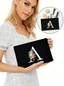 1pc Initials Printed Women's Makeup Bag, Black Small Bag, White Letters A-Z, Cosmetic Bag, Portable Wash Bag, Teacher's Day Gift, Reusable Makeup Bag, Women's Simple And Large Capacity Travel Makeup Bag Suitable For Men And Women, Couples, Daily Use, Birthdays, Holidays, Back To School, Vacation, Beach, Travel, Students, Daily Storage, Personalized Gift Bag, Suitable For Weddings, Mother And Grandmother's Birthday Gifts, Ladies, Friends, Bridesmaids, Travel Essentials Makeup Organizer - Black - View 3