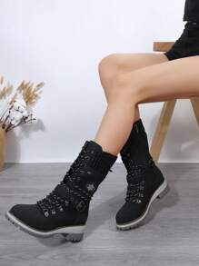 2025 Winter New European & American Style Lace-Up Knit Patchwork Riding Boots, Warm & Non-Slip Casual Fashion Mid-Calf Boots For Women - Black - View 2