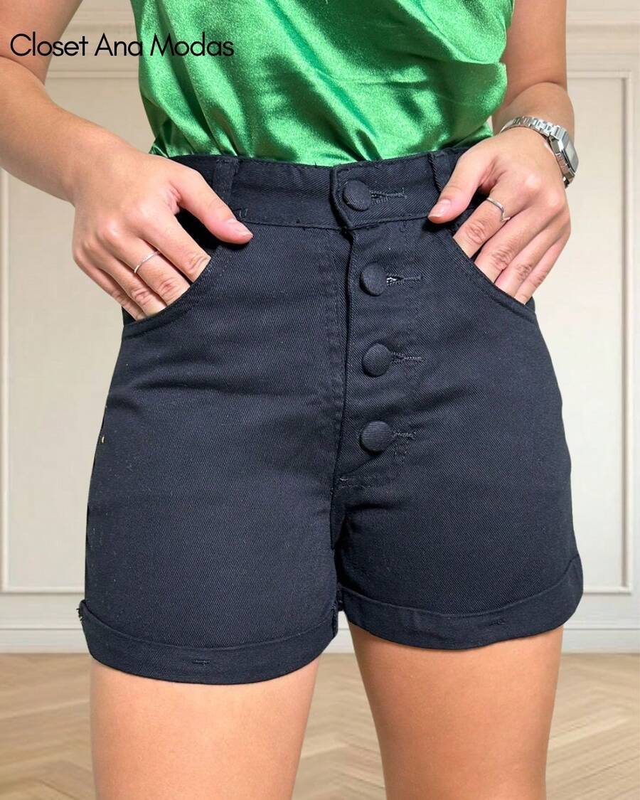 Black Denim Shorts Buttons Lined Black Casual,Party Simple Jeans Straight Leg Non-Stretch - 黑色 - 查看 1