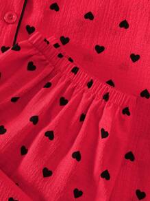 2 Pieces Set Women's Bubble Wrinkled Heart Printed Long Sleeve Shirt With Lapel Collar And Long Pants Pajama For Women Set, Comfortable For Home Use Autumn & Winter Loungewear Set - Rose Red - View 7