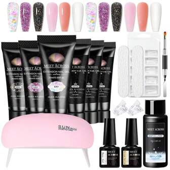 16pcs Poly Gel Nail Kit, Pink Glitter Polygel , Quick Builder Gel Extension Nail Kit With Gel Base And Top Coat, Slip Solution, Nail Forms, Nail Brush Tools Acrylic Nail Extensions Kit Manicure Kits ,Perfect For Beginners Nail Art Diy Home Salon Gifts For Women