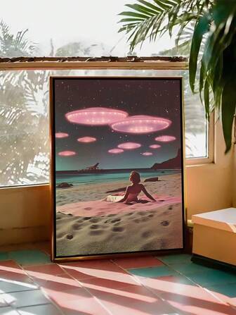1pc Unframed Canvas Poster, Modern Art, UFO And Alien Encounter On Beach Canvas Print, Sci-Fi Themed Wall Art Poster, For Bedroom Living Room Corridor, Wall Art, Wall Decor, Spring Decor, Room Decoration,No Frame Gifts Birthday Graduation