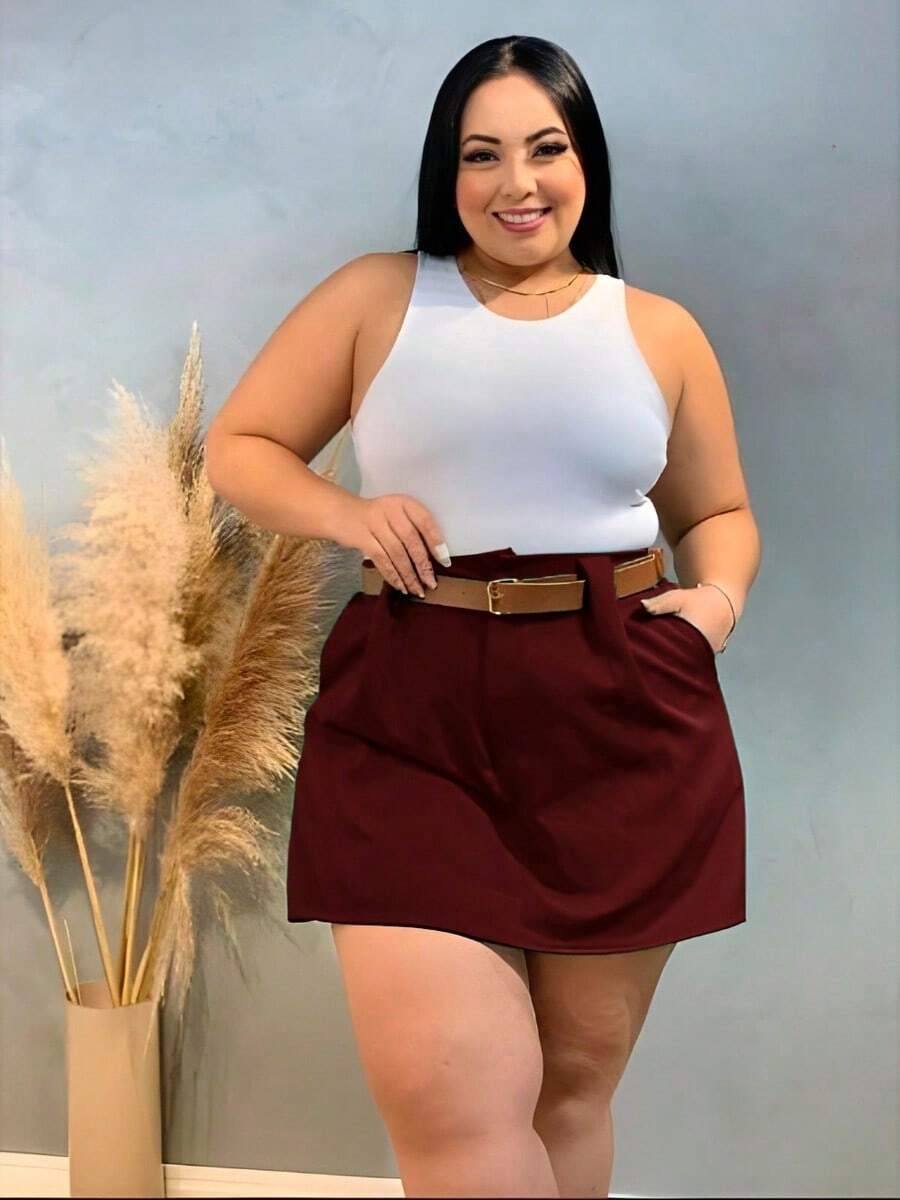 Short Tailored Social Skirt With Belt Plus Size Size 44 To 50 - Redwood - View 1
