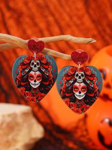 1 par de pendientes colgantes de calavera y corazón exagerados, divertidos y creativos para Halloween - Multicolor - Ver 5