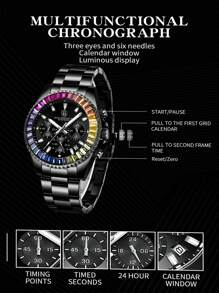 1pc Luxury Business Men's Watch, Chronograph, Rainbow Case Men's Stainless Steel Strap Calendar Night Light Quartz Watch, Men's Casual Watch, Waterproof Clock Women's Watch+Free Chain Link Remover