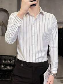 Hombres camisa de rayas verticales de manga larga de negocios camisa casual Camisas para hombre - Blanco - Ver 2