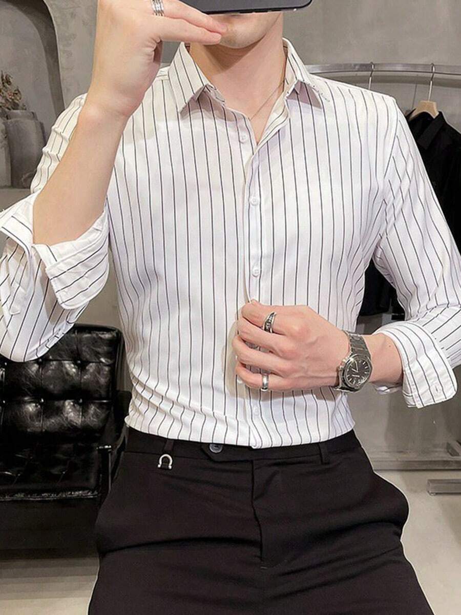 Hombres camisa de rayas verticales de manga larga de negocios camisa casual Camisas para hombre - Blanco - Ver 1