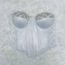 WO Cropped Lace Corset Shiny Satin With Satin Strapless /With Cup Sexy Sheer Lace Sides - 白色 - 查看 1