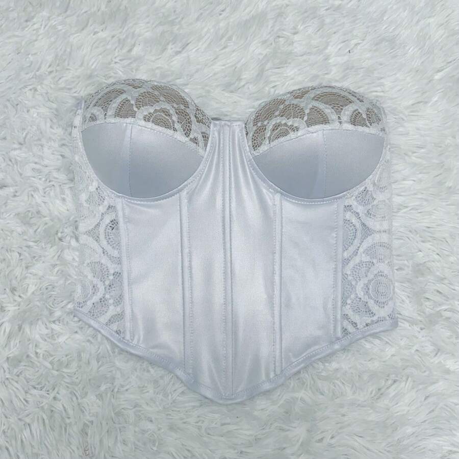 WO Cropped Lace Corset Shiny Satin With Satin Strapless /With Cup Sexy Sheer Lace Sides - 白色 - 查看 1